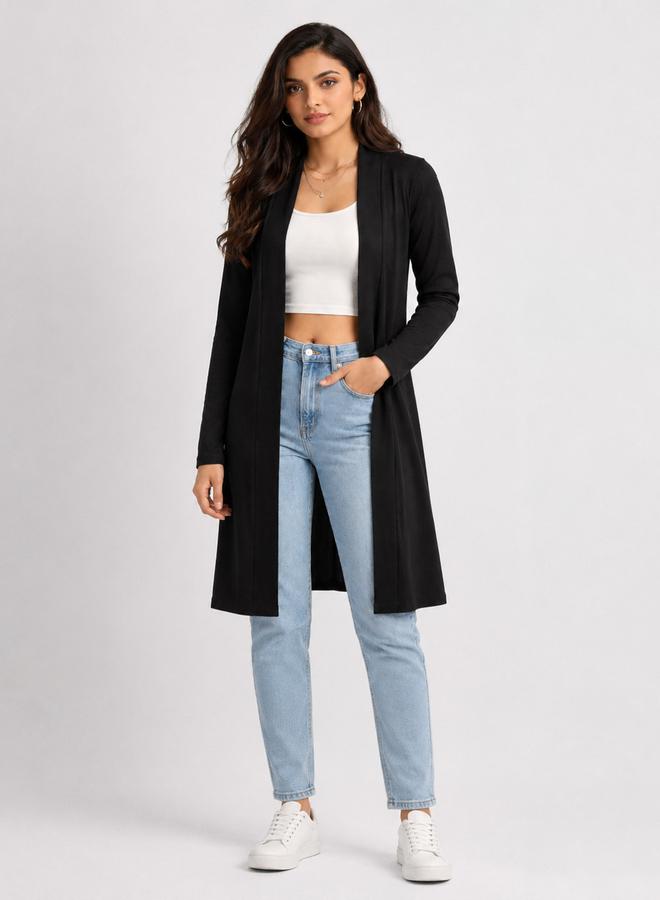 Take Two Black Solid Ribbed Longline Open Front Shrug By Gravt - Image 2