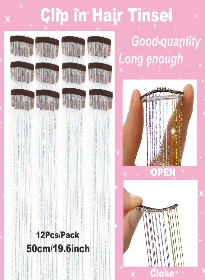 Ainitops Hair Tinsel Pack of 12 Pcs Clip in Hair Tinsel 19.6Inch Glitter Tinsel Hair Extensions Shiny Sparkly Fairy Hair Tinsel Kit Dazzle Hair Accessories for Women Girls Kids (Silver) - Image 2