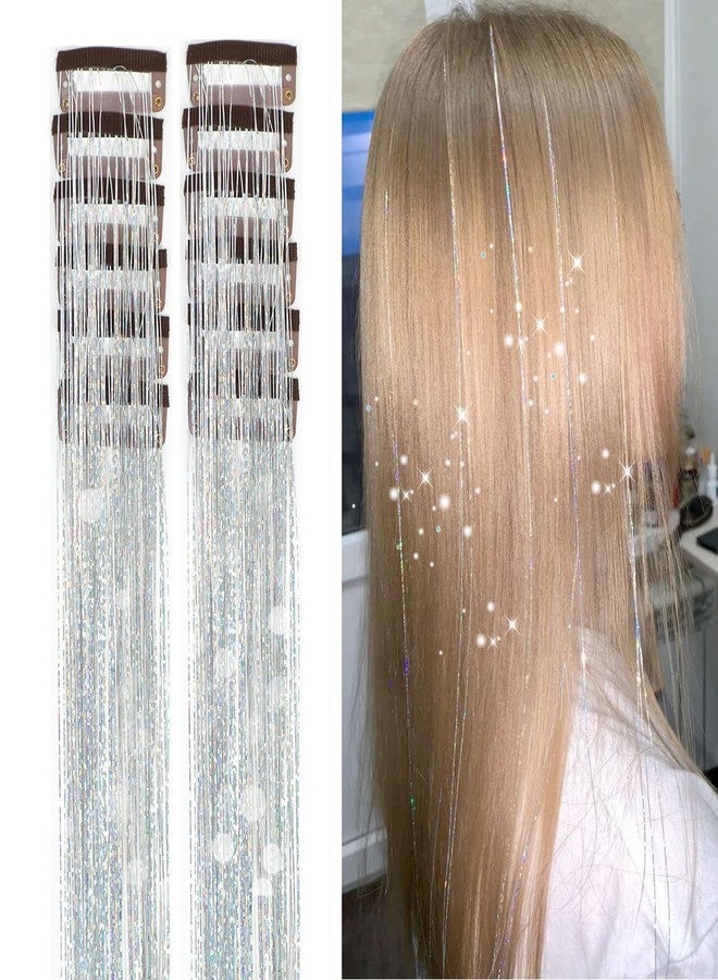 Ainitops Hair Tinsel Pack of 12 Pcs Clip in Hair Tinsel 19.6Inch Glitter Tinsel Hair Extensions Shiny Sparkly Fairy Hair Tinsel Kit Dazzle Hair Accessories for Women Girls Kids (Silver) - Image 1