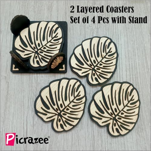Picrazee Wooden Double Layered Coaster Set for Office, Dining Table, Center Table, Unique Bar Accessory Leaf Shape - Image 2