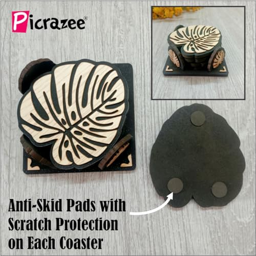 Picrazee Wooden Double Layered Coaster Set for Office, Dining Table, Center Table, Unique Bar Accessory Leaf Shape - Image 3