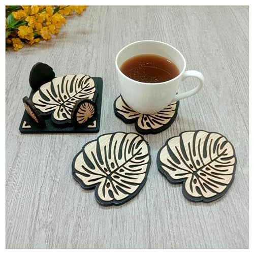 Picrazee Wooden Double Layered Coaster Set for Office, Dining Table, Center Table, Unique Bar Accessory Leaf Shape - Image 1