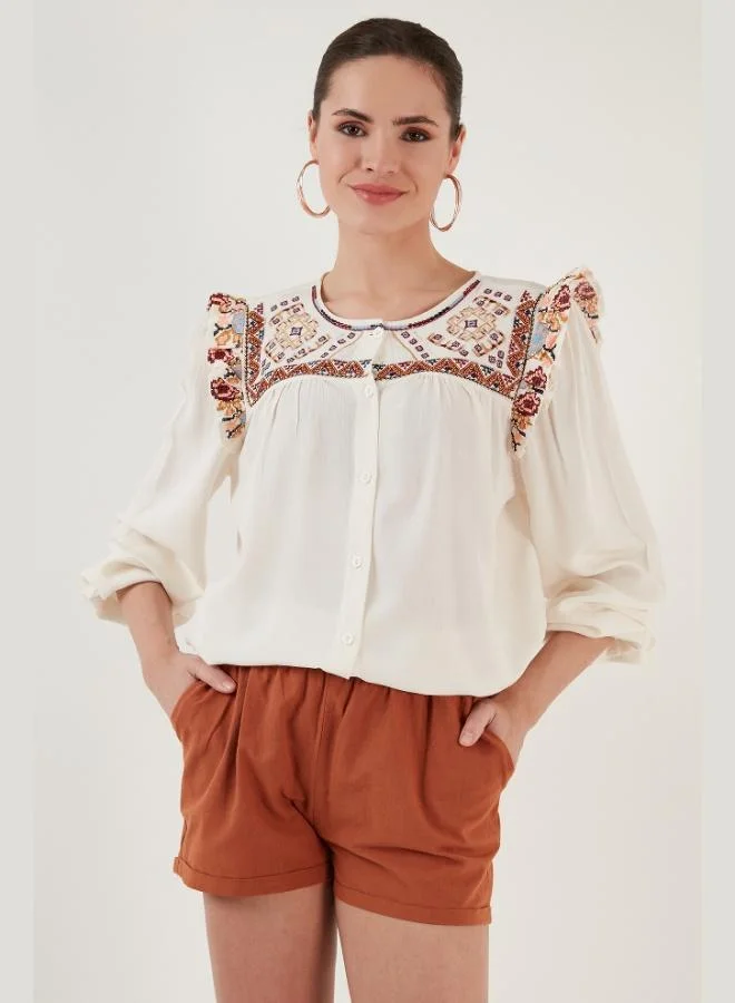 ليلا قميص نسائي قطن شيلة مطبوع بنقوش عرقية وأكمام مفصلة بياقة دائرية