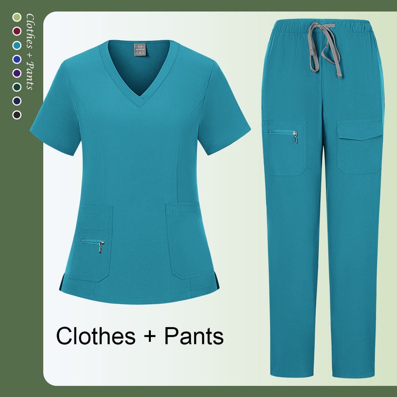 82021 Lake Blue Set Short Sleeve Pet Grooming Hospital Dentist Scrub Suit - Surgical Nurse Workwear