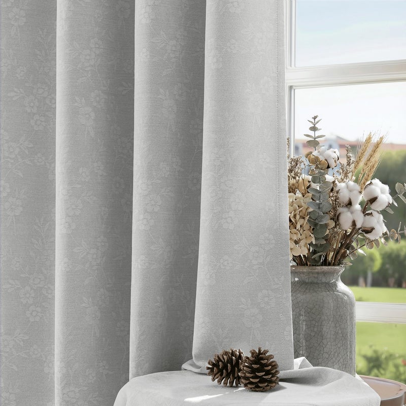Beauoop Grey Floral Jacquard Blackout Curtains 84 Inches Long 2 Panels for Living Room Bedroom Chenille Flower Room Darkening Thermal Insulated Soundproof Grommet Window Drapes, 52x84 Set of 2 - Image 1