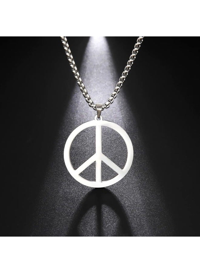 EUEAVAN Peace Sign Symbol Necklace Geometric Large Round Statement Necklace Hippie Party Dressing Accessories Jewelry Gifts Men (peace silver)  - Image 2