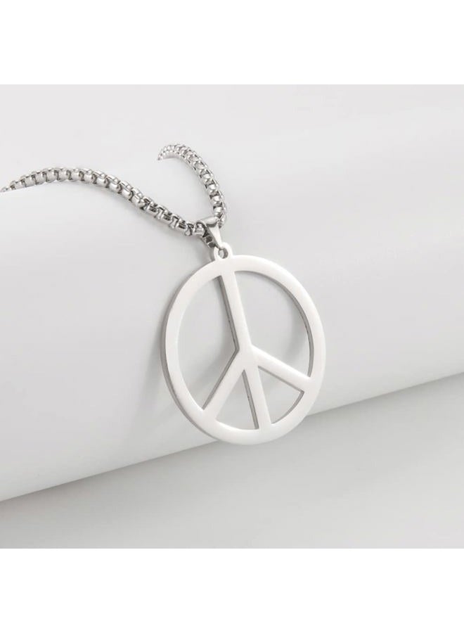 EUEAVAN Peace Sign Symbol Necklace Geometric Large Round Statement Necklace Hippie Party Dressing Accessories Jewelry Gifts Men (peace silver)  - Image 4