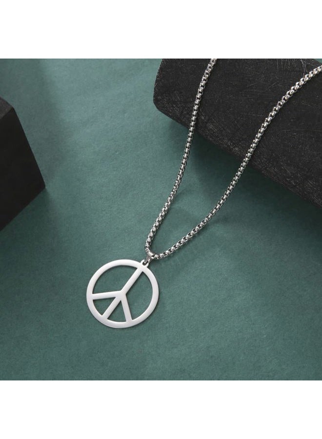 EUEAVAN Peace Sign Symbol Necklace Geometric Large Round Statement Necklace Hippie Party Dressing Accessories Jewelry Gifts Men (peace silver)  - Image 3