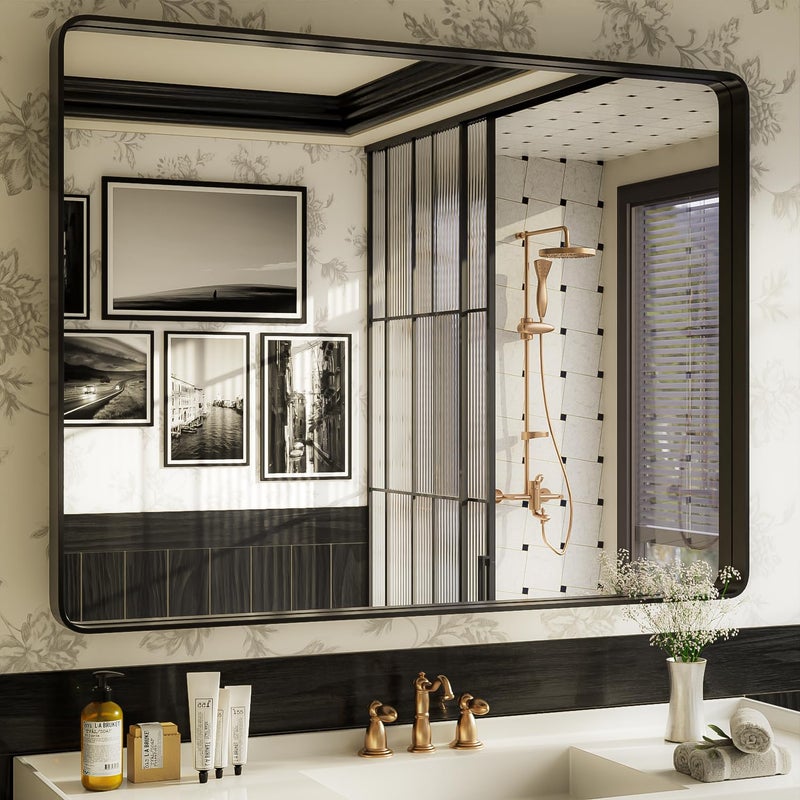 ISKM Black Framed Mirror for Bathroom 48 x 36 Decorative Rectangular Wall Mounted Mirror ShatterProof Best for Washroom Bedroom Living Room HorizontalVertical