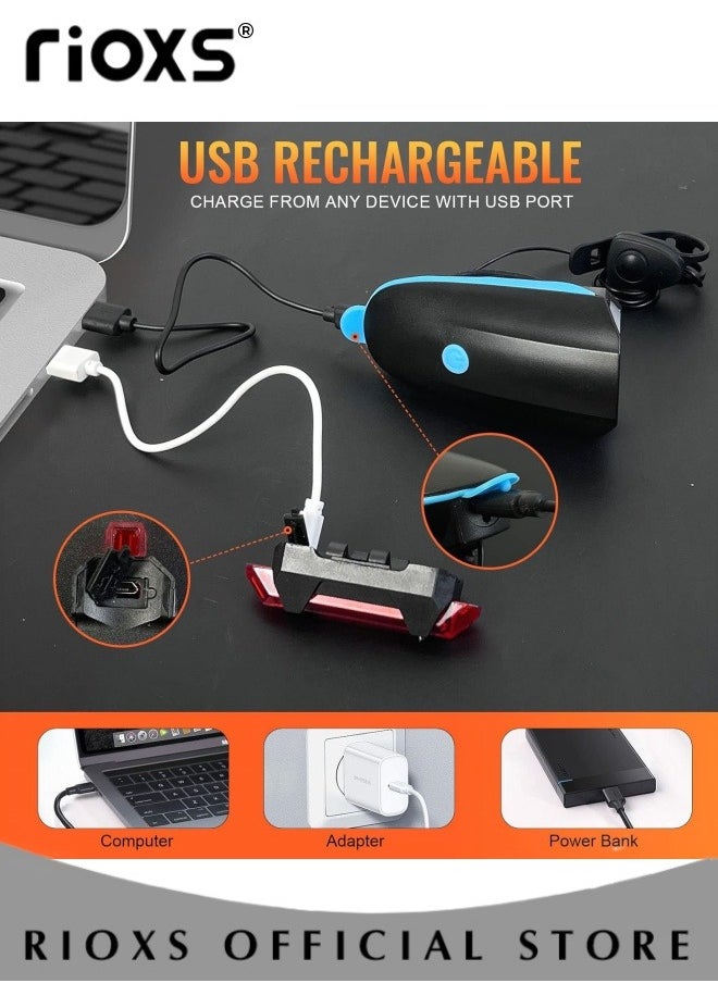 RIOXS USB Rechargeable Bike Light Set,Ultra Bright Bicycle Lights With Horn And Headlight Tail Rear Reflectors,Bike Accessories For Night Riding,Waterproof Bicycle Light Cycling Accessories For Men Women Night Road Cycling  - Image 2