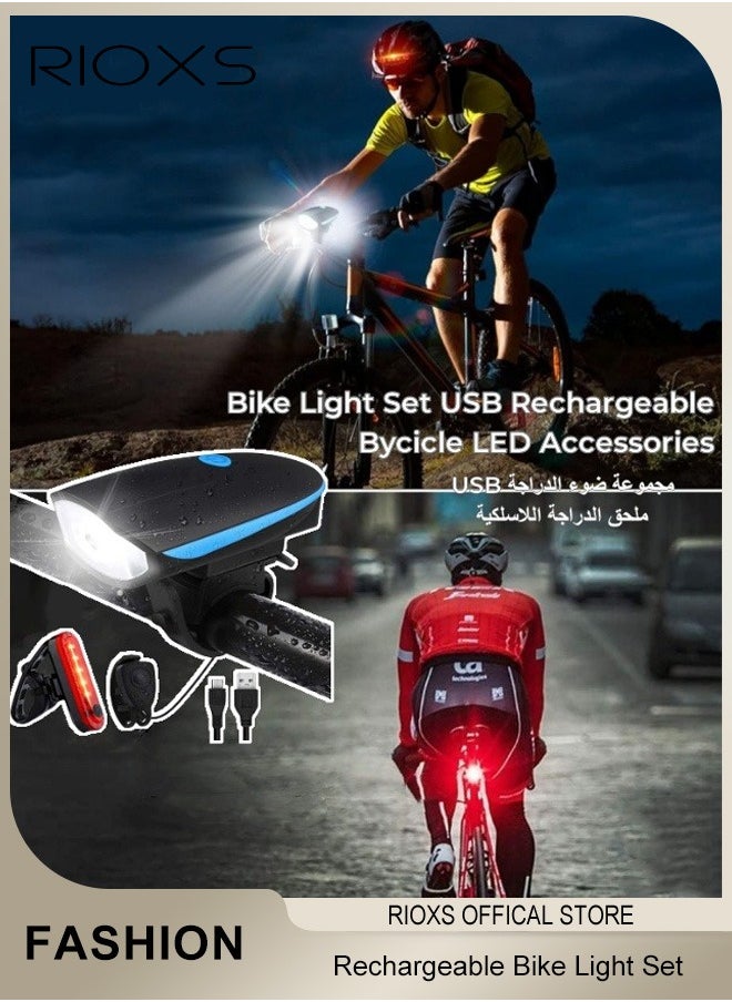 RIOXS USB Rechargeable Bike Light Set,Ultra Bright Bicycle Lights With Horn And Headlight Tail Rear Reflectors,Bike Accessories For Night Riding,Waterproof Bicycle Light Cycling Accessories For Men Women Night Road Cycling  - Image 1
