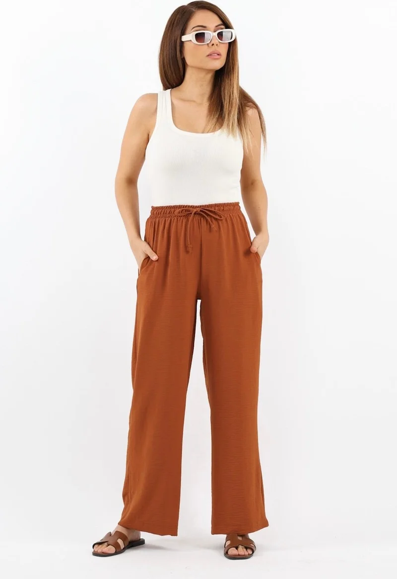 ريتنيس Women's Relaxed Brown Waist Elastic Straight Cut Pocket Ayrobin Trousers