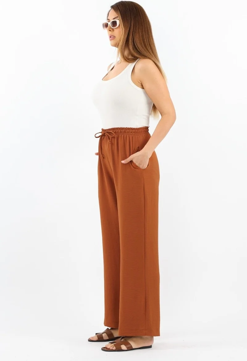 ريتنيس Women's Relaxed Brown Waist Elastic Straight Cut Pocket Ayrobin Trousers