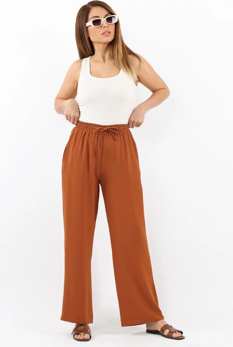 ريتنيس Women's Relaxed Brown Waist Elastic Straight Cut Pocket Ayrobin Trousers