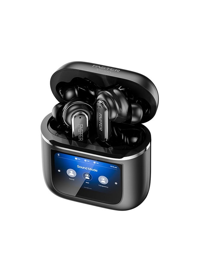 Faster Vizion Wireless Earbuds, Bluetooth 5.4 with ANC, Smart Touch Screen Case, 35H Playtime, Hi-Fi Stereo Sound, Built-in Equalizer, Type-C Fast Charge, IPX4 Waterproof, Find My Earbuds, 500mAh Charging Case, Metallic Black - Image 1
