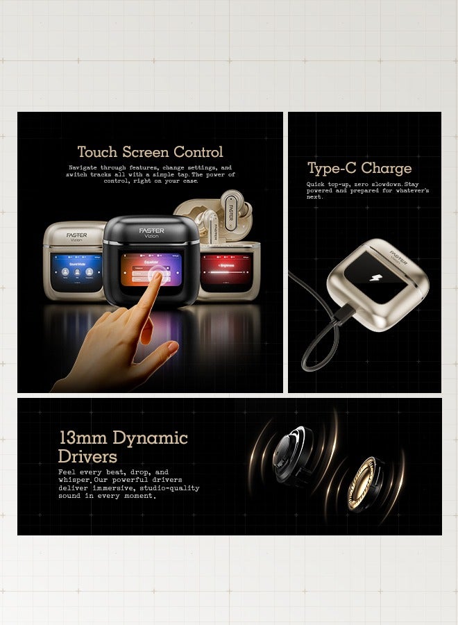 Faster Vizion Wireless Earbuds, Bluetooth 5.4 with ANC, Smart Touch Screen Case, 35H Playtime, Hi-Fi Stereo Sound, Built-in Equalizer, Type-C Fast Charge, IPX4 Waterproof, Find My Earbuds, 500mAh Charging Case, Metallic Black - Image 2