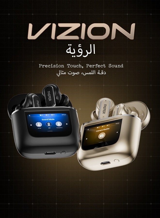 Faster Vizion Wireless Earbuds, Bluetooth 5.4 with ANC, Smart Touch Screen Case, 35H Playtime, Hi-Fi Stereo Sound, Built-in Equalizer, Type-C Fast Charge, IPX4 Waterproof, Find My Earbuds, 500mAh Charging Case, Metallic Black - Image 2