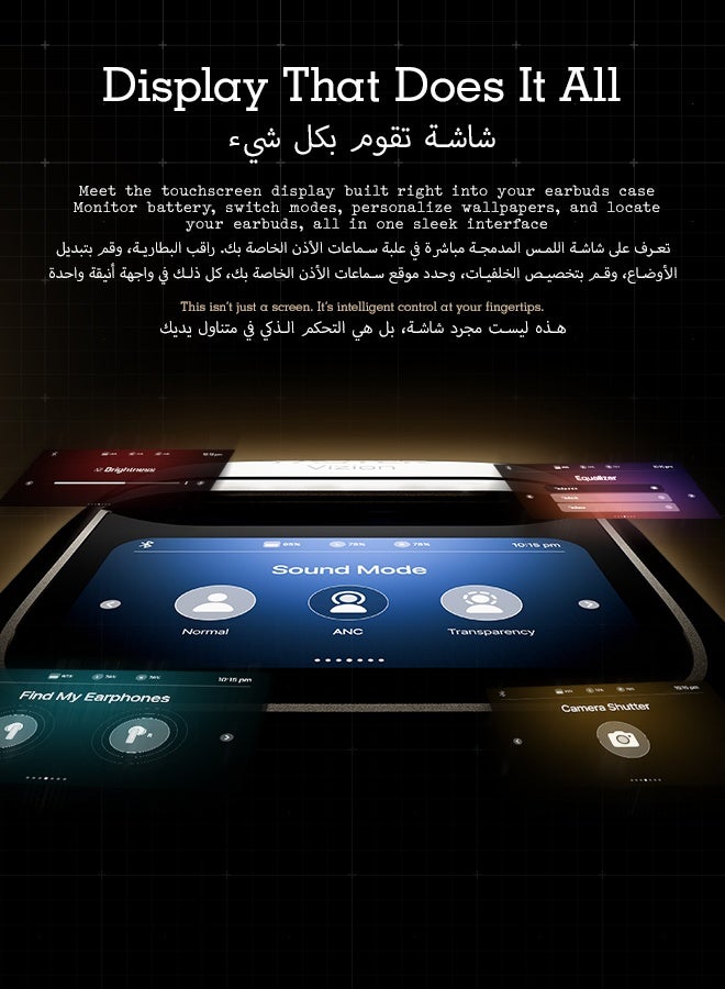 Faster Vizion Wireless Earbuds, Bluetooth 5.4 with ANC, Smart Touch Screen Case, 35H Playtime, Hi-Fi Stereo Sound, Built-in Equalizer, Type-C Fast Charge, IPX4 Waterproof, Find My Earbuds, 500mAh Charging Case, Metallic Black - Image 3