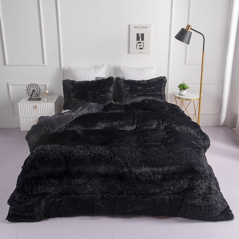 chovy Faux Fur Plush Black Comforter Sets TwinFull Size  Ultra Soft Shaggy Flannel Velvet Fluffy Fuzzy 3PC Bedding Set Comforter x 1 Pillowcases x 2