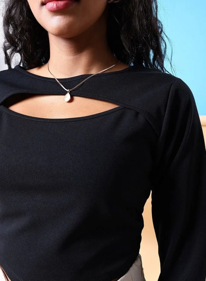 Freehand Women Regular Fit Solid Keyhole Neck Long Sleeve Cut Out Top