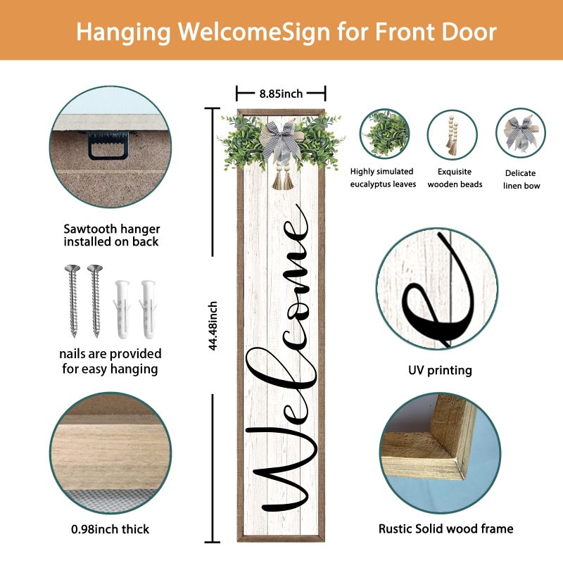 Surfapans Welcome Sign for Front Porch Standing 45"X9" Large Outdoor Decor Rustic Vertical Leaner Wood Frame Porch Tall Welcome Signs for Farmhouse Outside Front Door Decorations (Wood White) - Image 2
