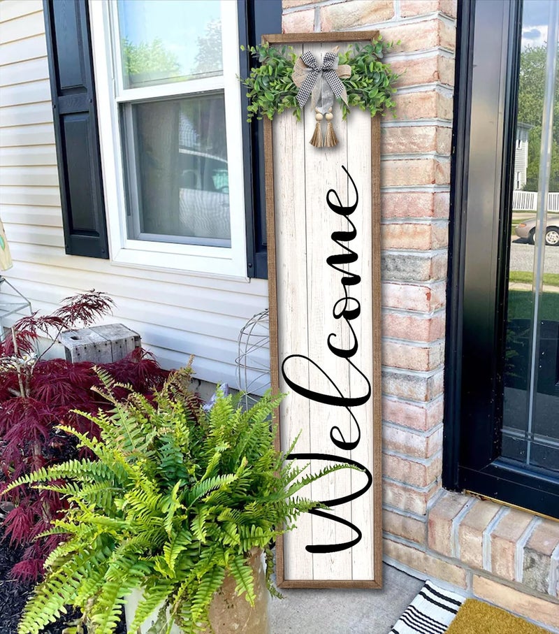 Surfapans Welcome Sign for Front Porch Standing 45"X9" Large Outdoor Decor Rustic Vertical Leaner Wood Frame Porch Tall Welcome Signs for Farmhouse Outside Front Door Decorations (Wood White) - Image 1