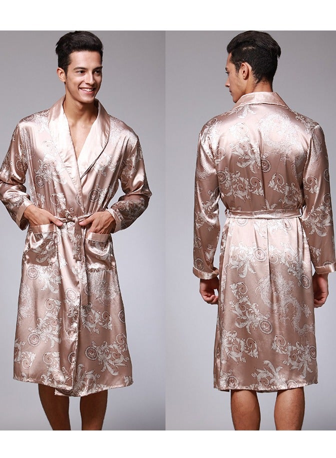 إسكدنيا Men's Long Sleeve Nightgown Printed Pajamas Sleepwear Lounge Wear Camel 