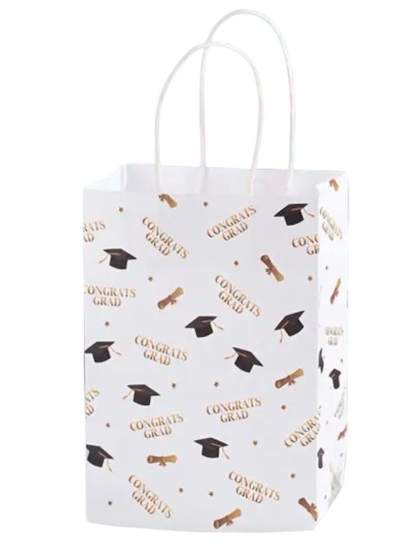 Graduation Gift Bag, White Gold 'Congrats Grad' Design for him her Women Men School Nursery University Present Party End of Term 2025 Class Students Surprise Giveaway Goodie Bags - Image 1