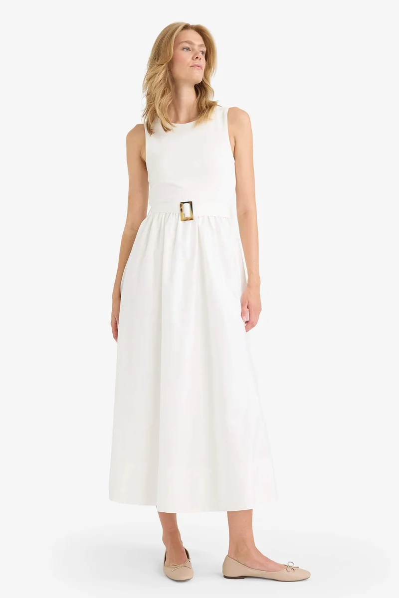 ديفاكتو Crew Neck Poplin Sleeveless Maxi Dress