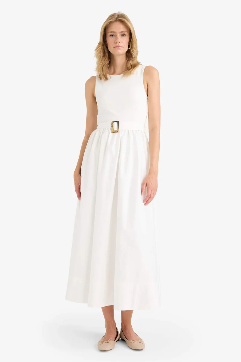 ديفاكتو Crew Neck Poplin Sleeveless Maxi Dress