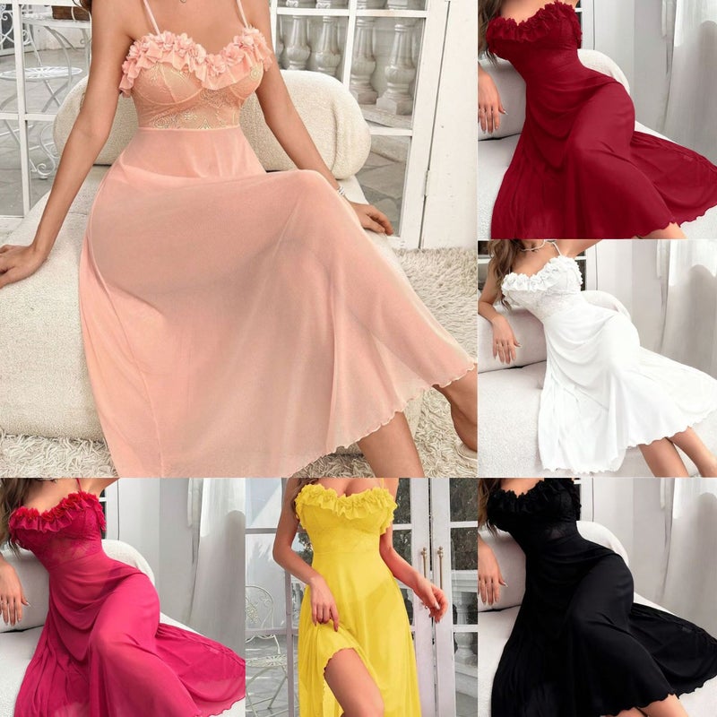 طقم لانجيري نسائي مكوّن من فستان نوم بحمالات من الشبك الشفاف مع تطريز دانتيل ومقاسات S-XXL - Image 2