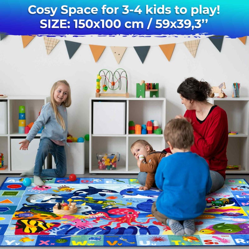 QUOKKA Baby Play Mat for Floor - Ocean ABC Rug for Kids Toddlers Infants - Extra Thick Large Padded Non-Slip Nursery Rug for Babies Crawling and Playing - Foldable Care Mat for Girls and Boys Playroom - Image 3