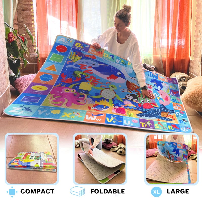 QUOKKA Baby Play Mat for Floor - Ocean ABC Rug for Kids Toddlers Infants - Extra Thick Large Padded Non-Slip Nursery Rug for Babies Crawling and Playing - Foldable Care Mat for Girls and Boys Playroom - Image 4