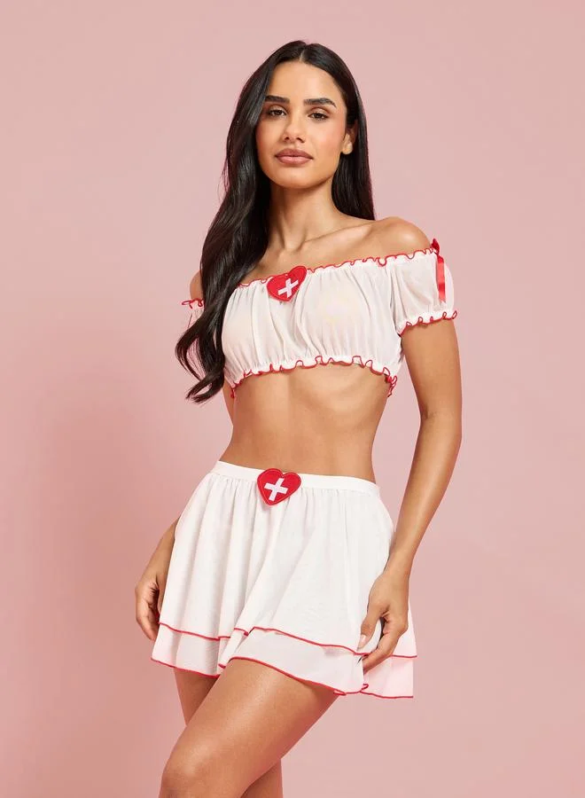 Pack Of 3 - White Crop Top, Skirt And Thong Brief Nurse Lingerie Set