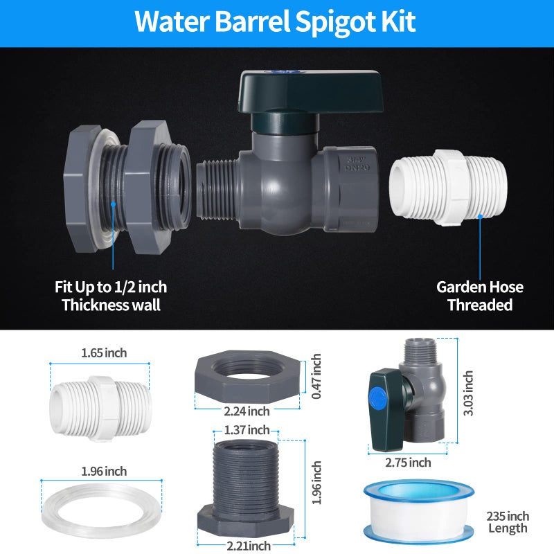 Suswillhit Rain Barrel Spigot Kit - Water Barrel PVC Garden Diverter Kit with Bulkhead Fitting Hose Faucet Adapter and Thread Seal Tape for Water Tanks, Aquariums, Tubs, Pools, Garden Barrels(2 Pack) - Image 2