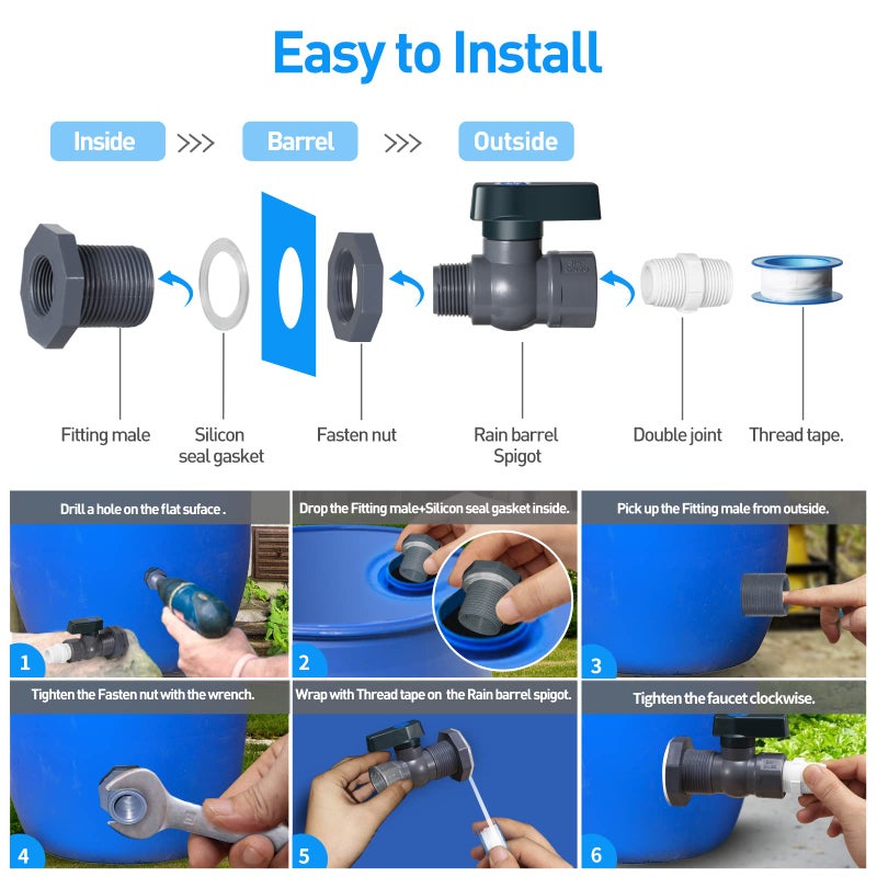 Suswillhit Rain Barrel Spigot Kit - Water Barrel PVC Garden Diverter Kit with Bulkhead Fitting Hose Faucet Adapter and Thread Seal Tape for Water Tanks, Aquariums, Tubs, Pools, Garden Barrels(2 Pack) - Image 4