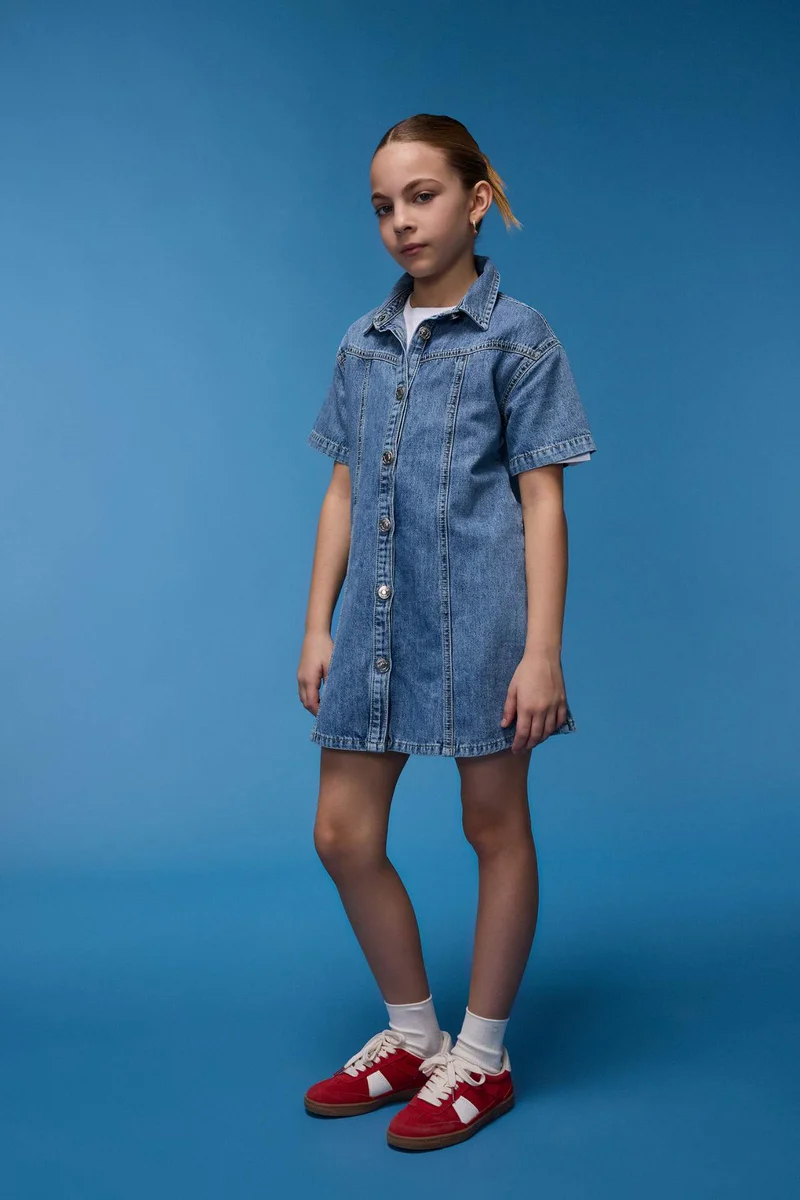 ديفاكتو Girl Shirt Collar Short Sleeve Cotton Denim Dress