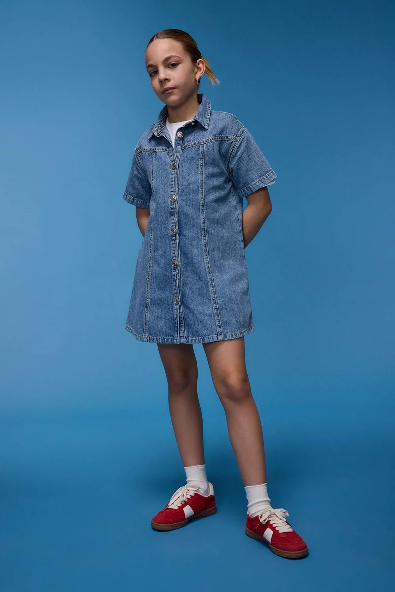 ديفاكتو Girl Shirt Collar Short Sleeve Cotton Denim Dress