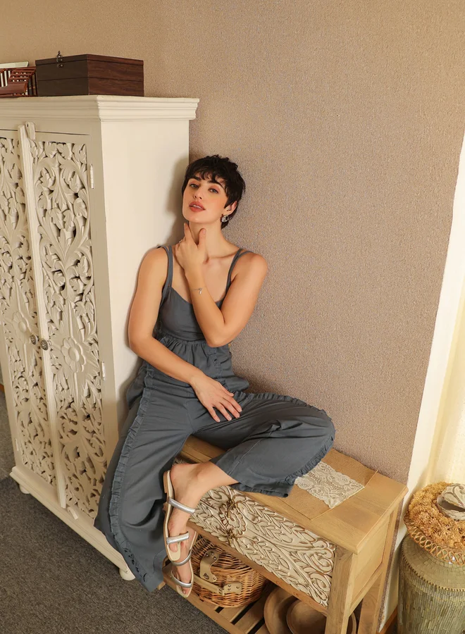 Sanskrutihomes  Grey Cotton Crop Top and Dungaree Co-ord Set for Women | Best Price UAE