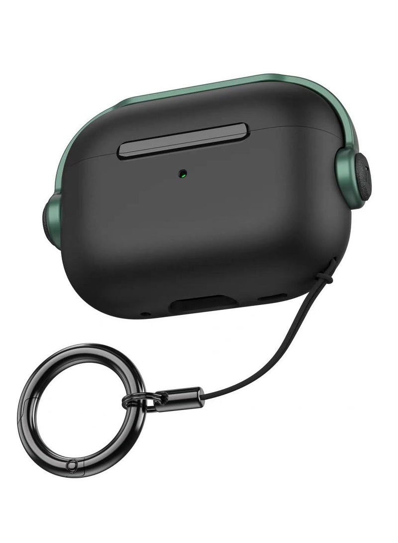 Protective Case for Airpods Pro 2nd (2022/2023) Cover Shockproof, Wireless Charging Case with Safety Lock and Keychain, Anti-Fall Protective Cover (Black - Green) - Image 1