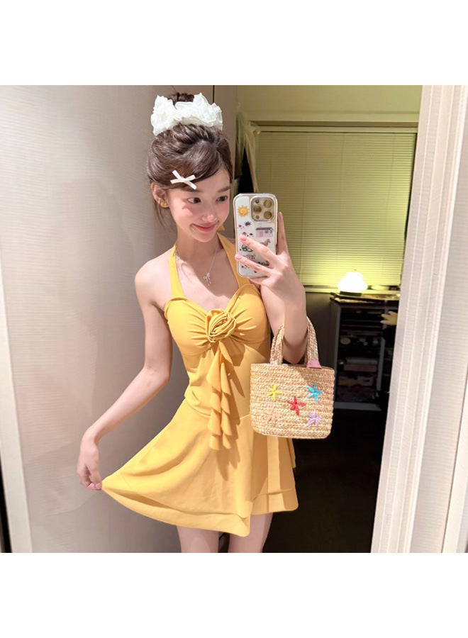 Stunning Swimsuit Women's Polyester Yellow One-piece Dress Style Conservative Swimsuit Women's Belly-covering Slimming Plus Size Student Hot Spring