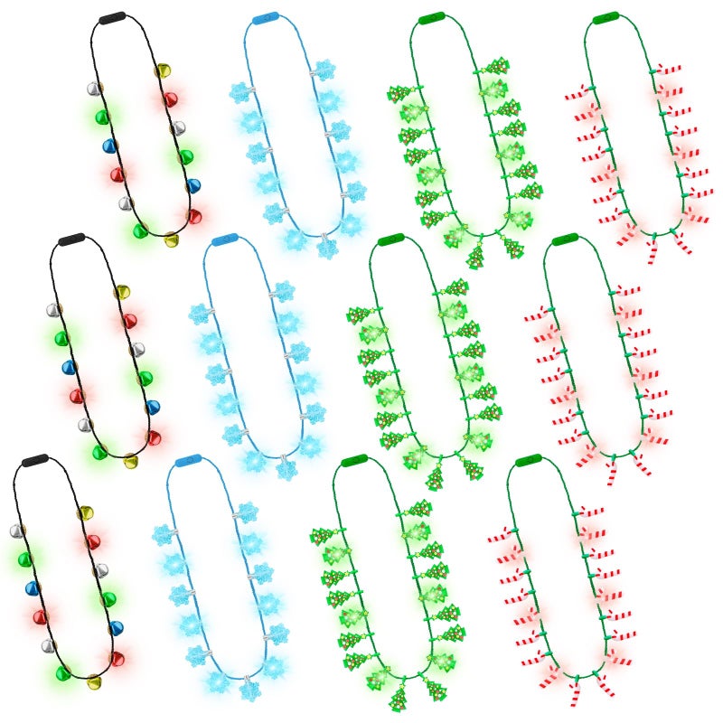 Traplace 12PCS Light Up Christmas Necklaces 3 Modes Colorful Xmas Accessories4 Kinds Bell Tree Candy Cane Snowflake Designs Christmas Party Favors for Ugly Sweater New Year Decorative Party - Image 3