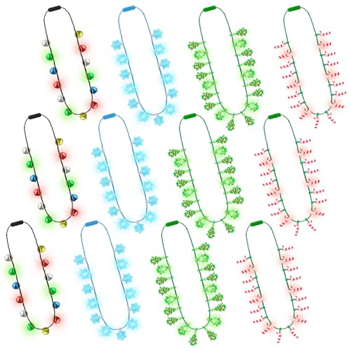 Traplace 12PCS Light Up Christmas Necklaces 3 Modes Colorful Xmas Accessories4 Kinds Bell Tree Candy Cane Snowflake Designs Christmas Party Favors for Ugly Sweater New Year Decorative Party - Image 1