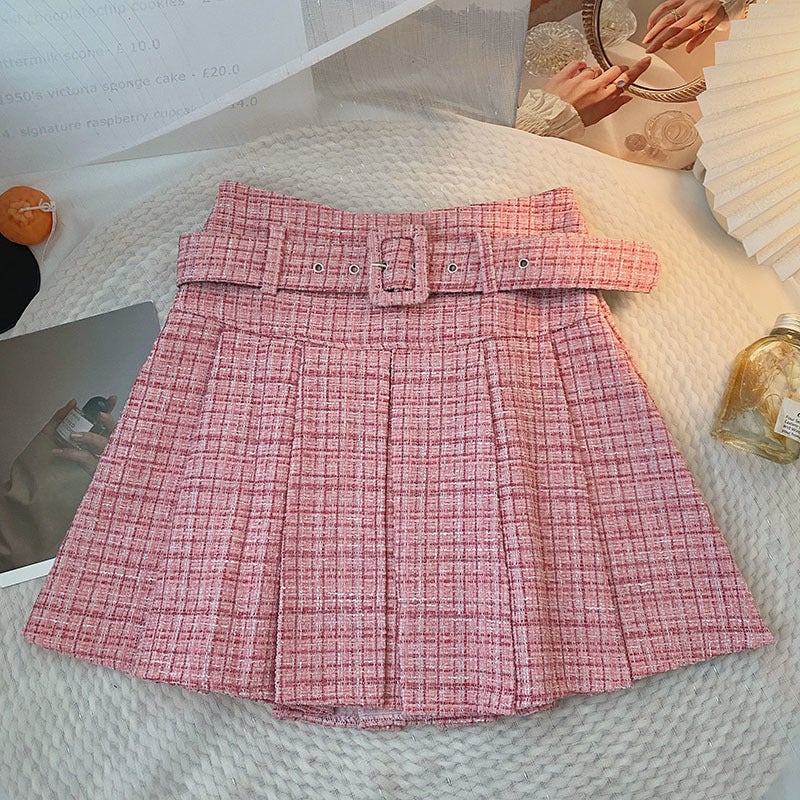 With Belt Small Fragrant Style A- shaped Pleated Skirt High Waist Slimming Skirt Autumn and Winter New Short Skirt Anti-running Skirt Women Pink with safety pants]