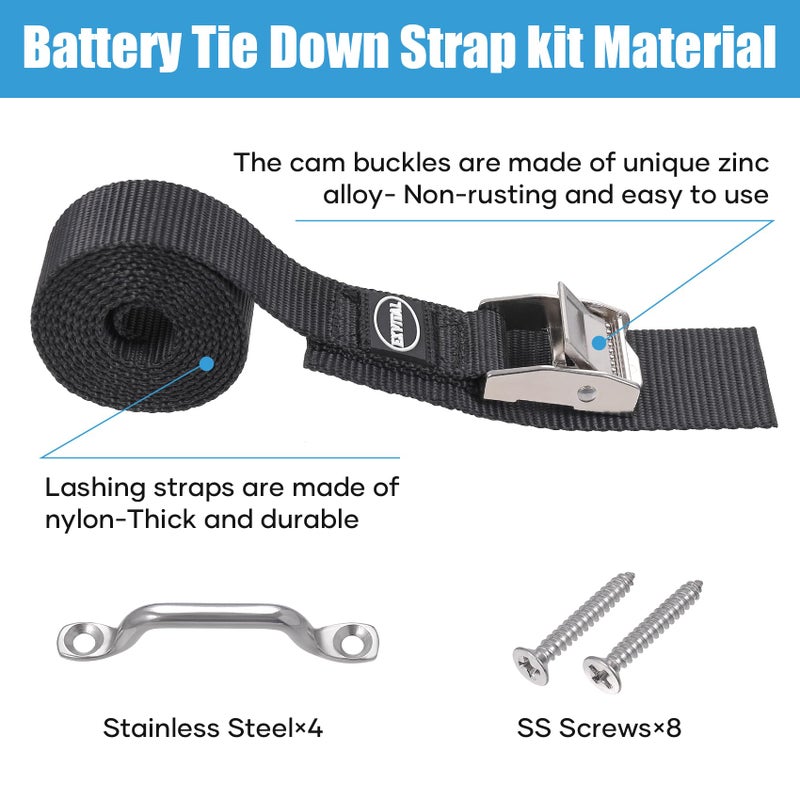 Battery Tie Down Strap Hold Down Kit, 1 x 48 Cooler Tie Down Kit with Non-Rusting Cam Buckle, Stainless Steel Bracket u0026 SS Screws for RV Battery,Luggage Belt (2 Pack) - Image 2
