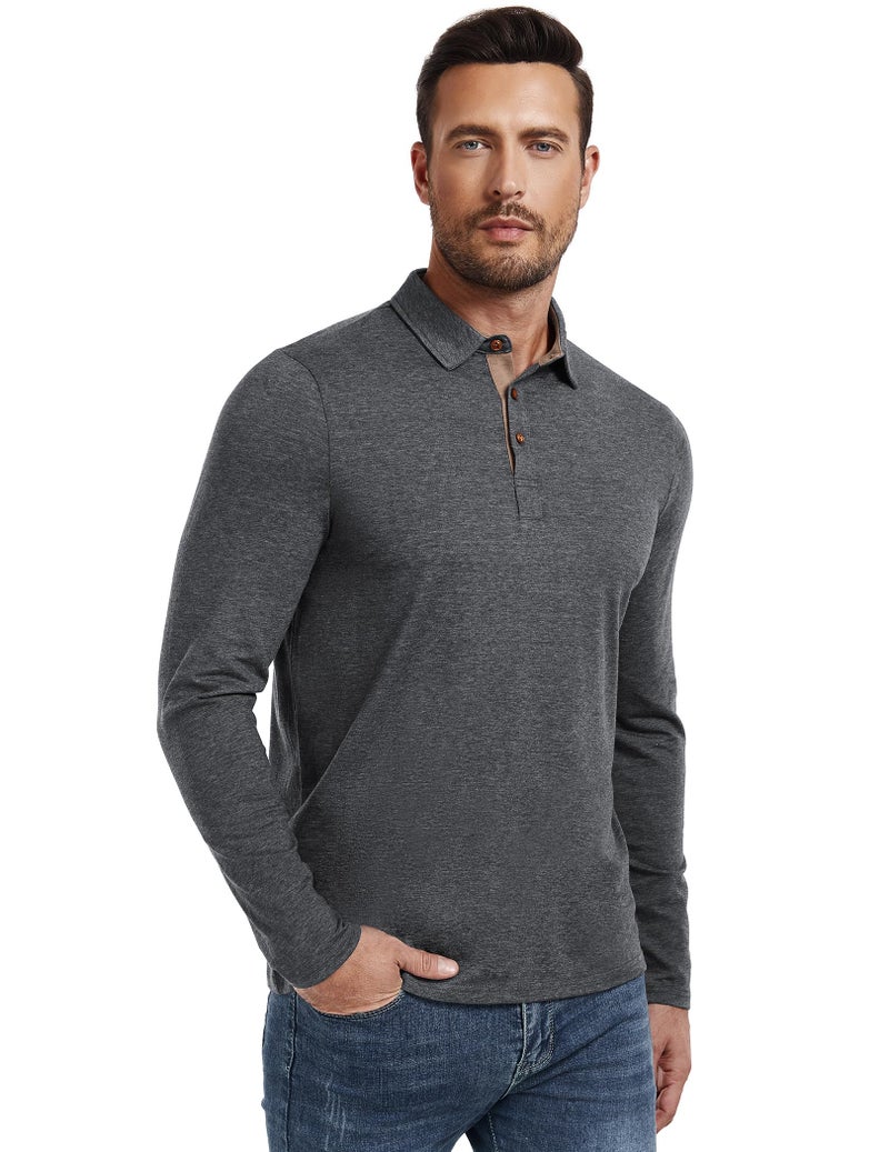 PEGENO Mens Polo Long Sleeve Shirt Classic Button Basic Solid Color Designed Collared Polo Shirt Fashion Casual Golf Shirts Dark Grey Large - Image 4