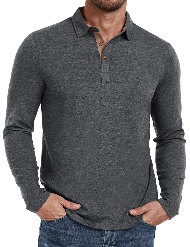 PEGENO Mens Polo Long Sleeve Shirt Classic Button Basic Solid Color Designed Collared Polo Shirt Fashion Casual Golf Shirts Dark Grey Large - Image 1