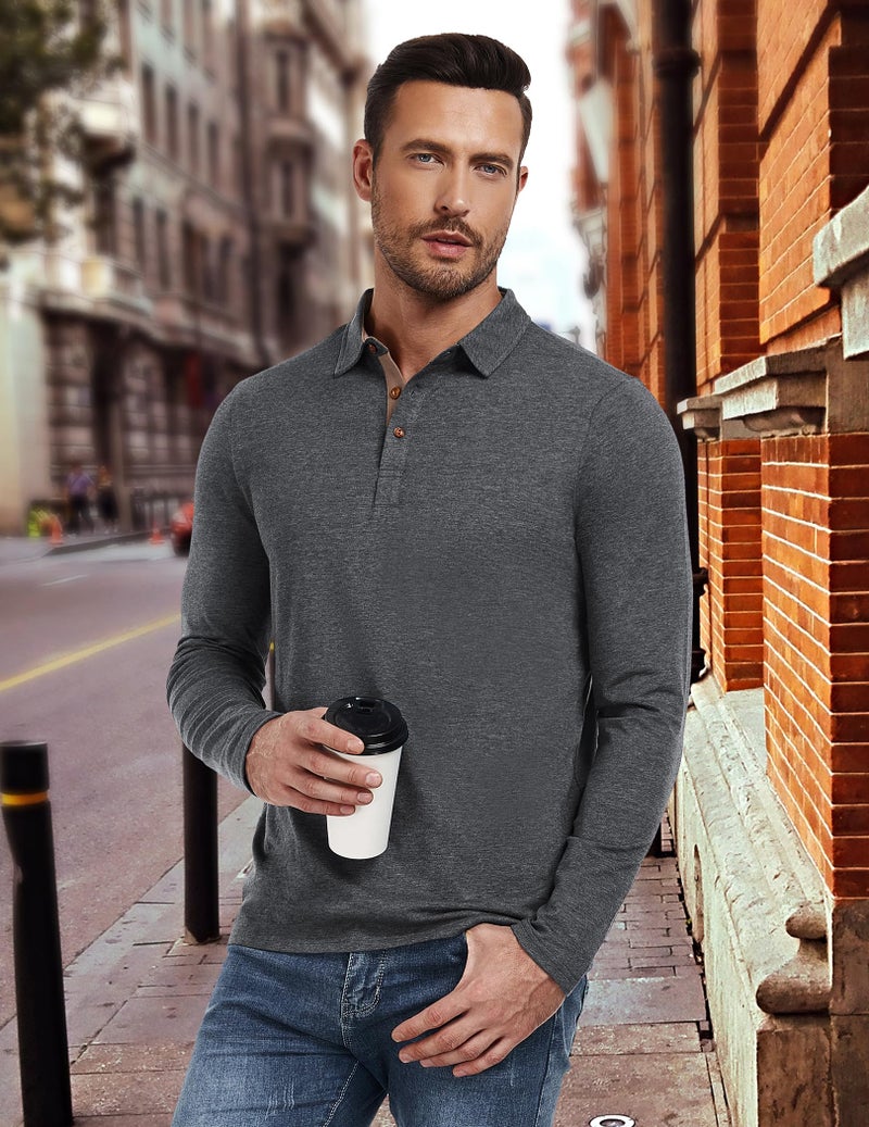 PEGENO Mens Polo Long Sleeve Shirt Classic Button Basic Solid Color Designed Collared Polo Shirt Fashion Casual Golf Shirts Dark Grey Large - Image 5