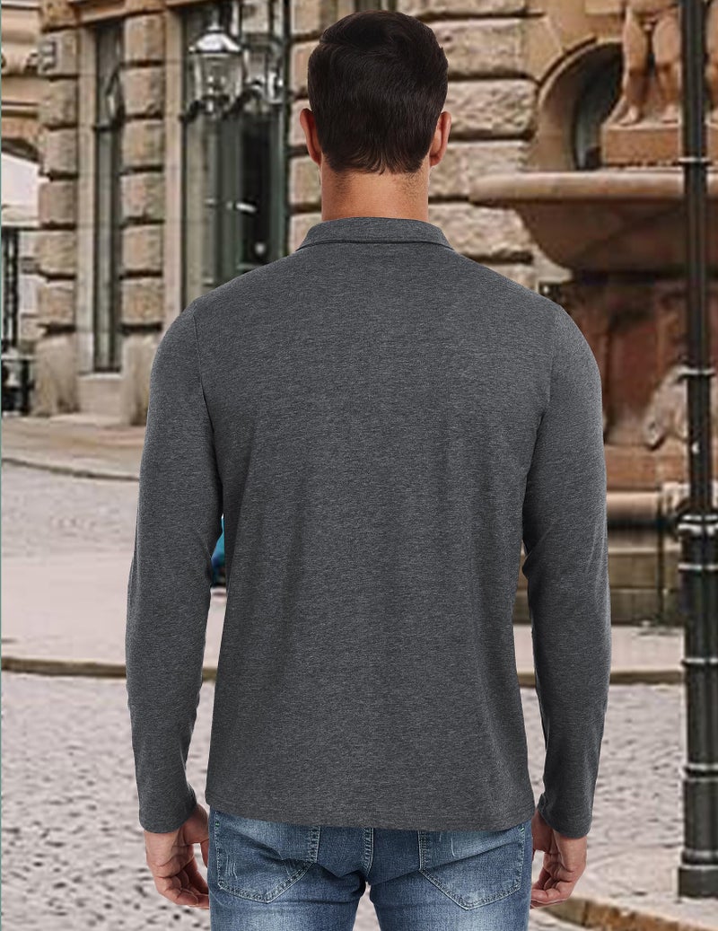 PEGENO Mens Polo Long Sleeve Shirt Classic Button Basic Solid Color Designed Collared Polo Shirt Fashion Casual Golf Shirts Dark Grey Large - Image 3