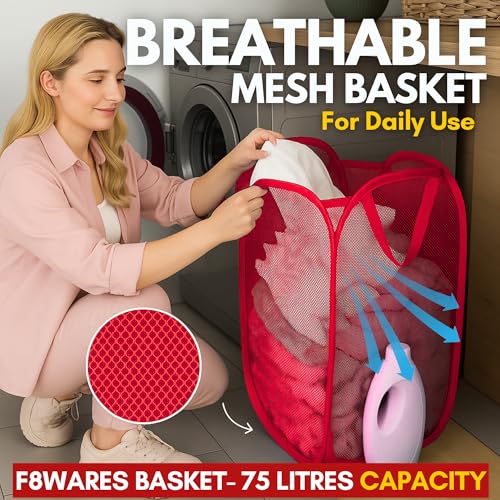 F8WARES 2PK 75 Litres Nylon Mesh Foldable Laundry Basket for Clothes - Odourless Breathable Laundry Bag for Clothes with Carry Handles - Kids Toy Baskets For Storage & Dirty Cloth Basket Hamper Red - Image 3